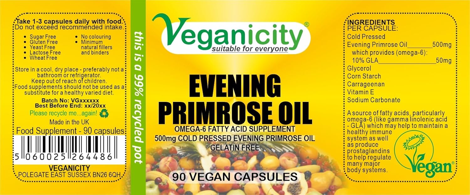 Veganicity Evening Primrose Oil 500Mg (10% Gla) : Omega-6 Plant Supplement : 90 Vegan Capsules, In A Planet-Friendly 99% Recycled Pot