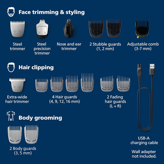 Philips Norelco Multigroom Series 5000 18 Piece, Beard Face, Hair, Body And Intimate Hair Trimmer For Men - No Blade Oil Mg5910/49
