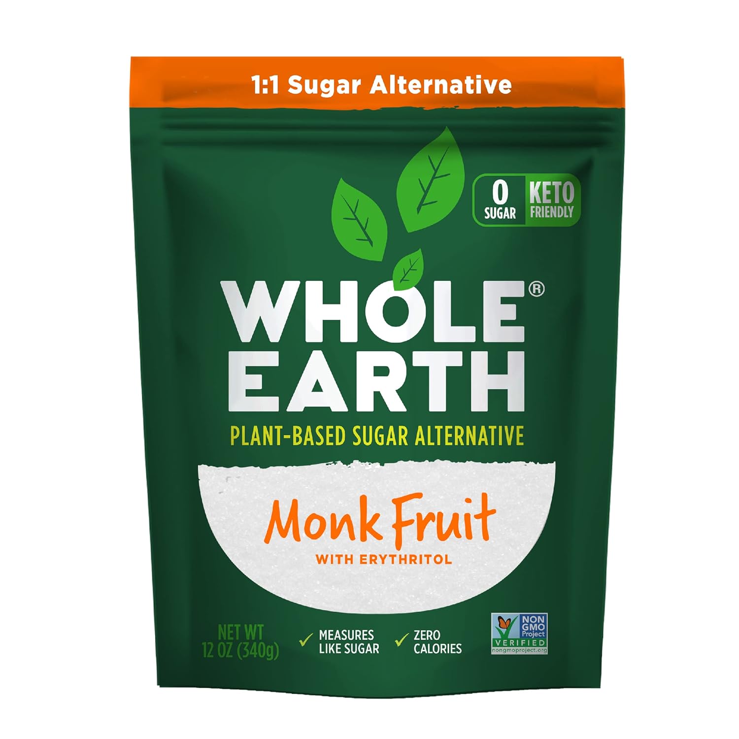 Whole Earth Monk Fruit Sweetener With Erythritol, Plant-Based Sugar Alternative, 12 Ounce Pouch