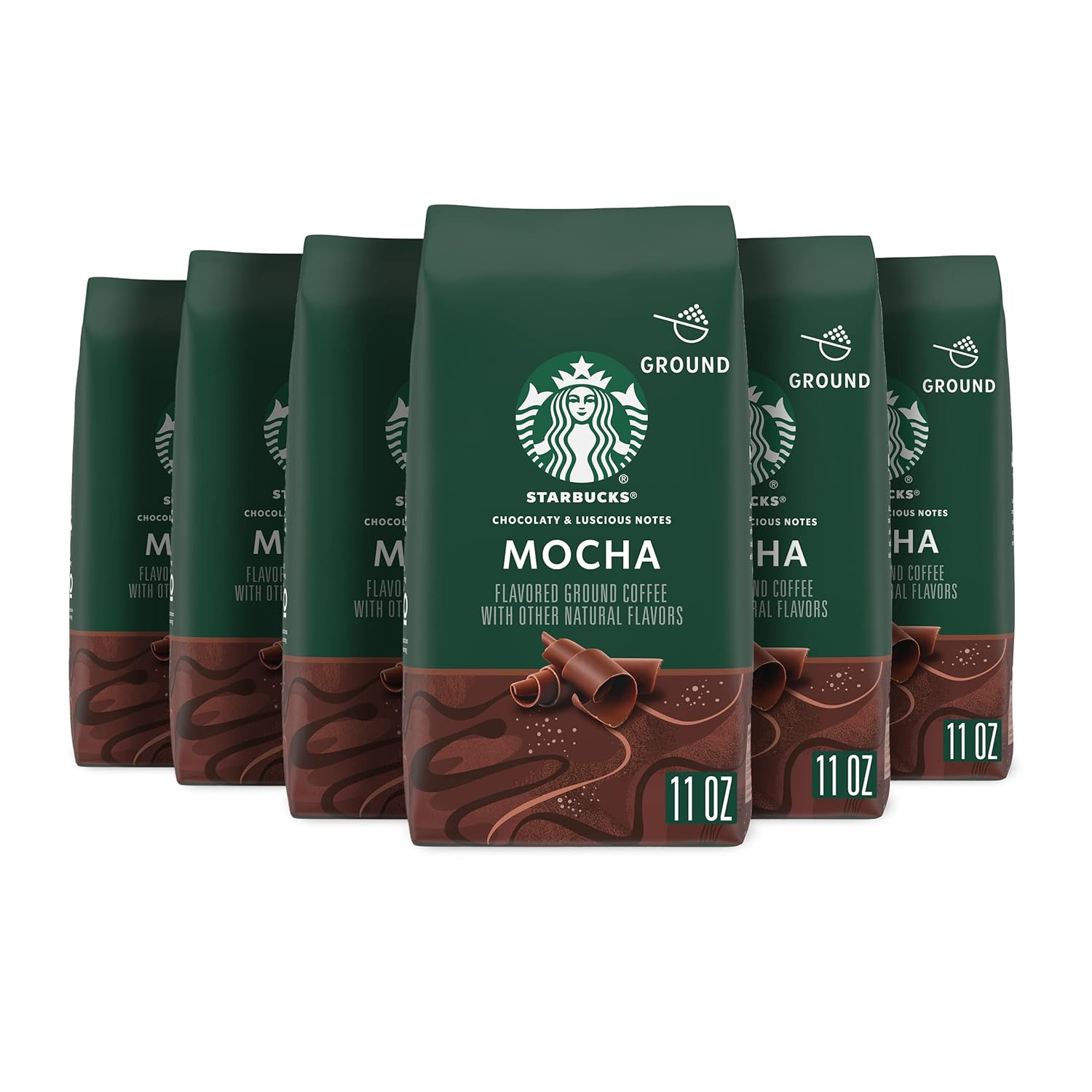 Starbucks Ground Coffee, Mocha Flavored Coffee, Naturally Flavored, 100% Arabica, 6 Bags (11 Oz Each)