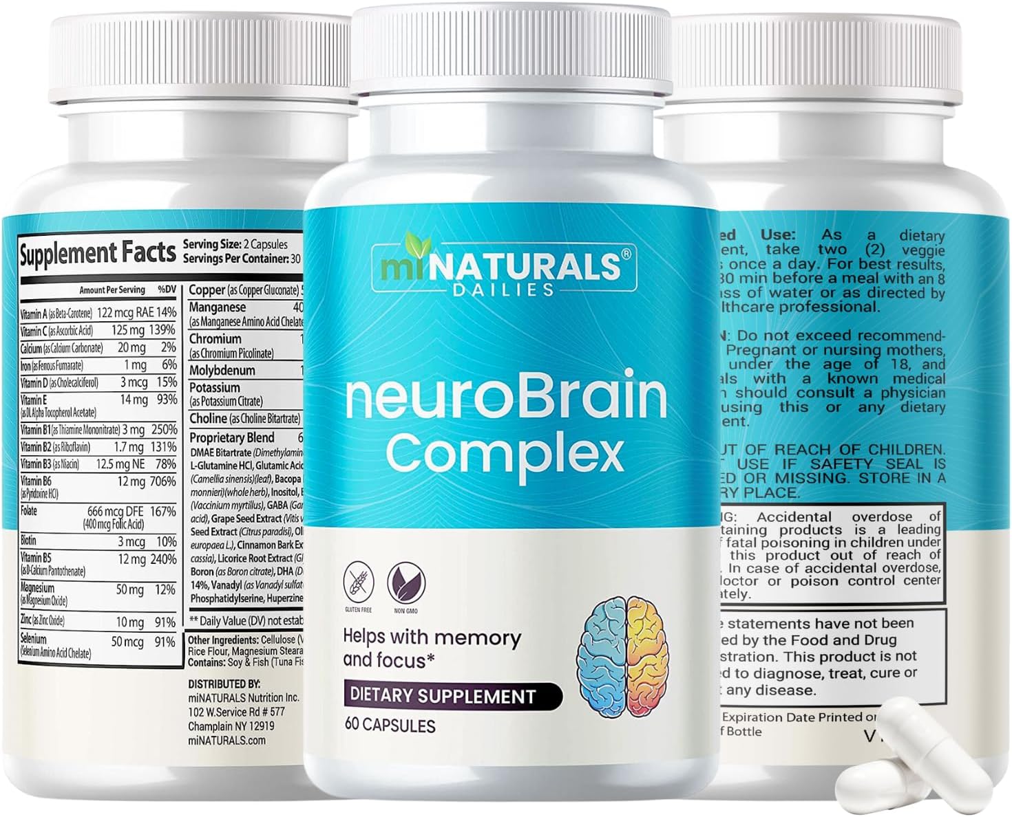 Brain Memory Supplement | Advanced Formula for Seniors | 60 ct Caffein Free Pills | Capsules with Vitamins and Bacopa Monnieri for Help with Cognitive Mind Health