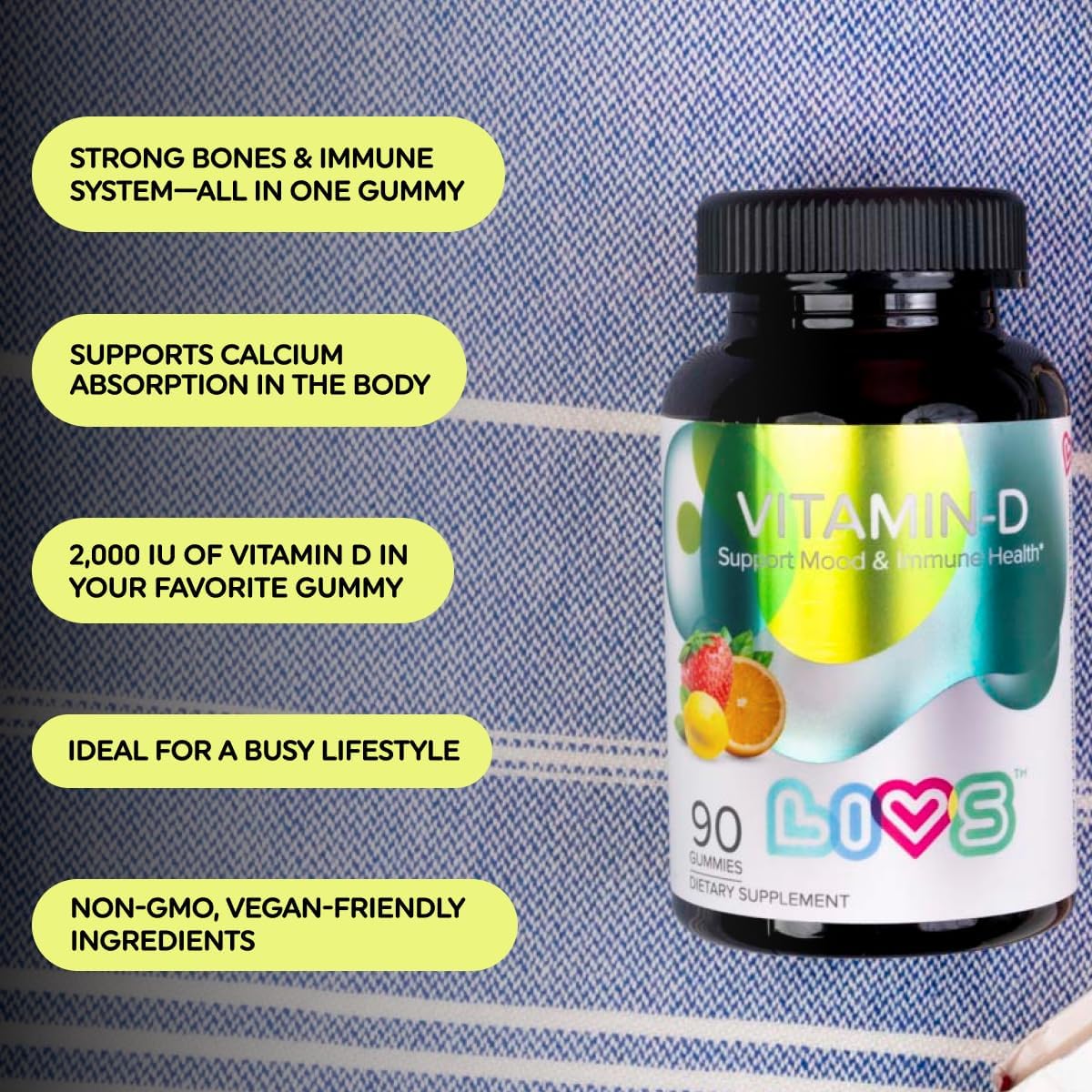 Livs Vitamin D - Vitamin D Gummies For Women And Adults, Vit D3 2,000 Iu Supplement, No Artificial Flavors, Orange, Lemon & Strawberry Flavor, 90 Count