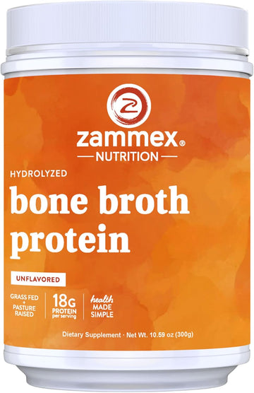 Zammex 100% Grass-Fed Beef Bone Broth Protein Powder, 20G Protein, Hydrolyzed Collagen Peptides Type 1&3, Supports Healthy Skin, Nails, Hair, Joints, Non-Gmo, Gluten Free, Paleo & Keto Friendly