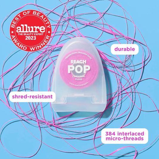 REACH POP Dental Floss | Vegan Wax & PFAS-Free | Durable & Shred Resistant | Slides Smoothly & Easily | Effective Plaque Removal | Pink Color Floss | Cinnamon, 54.7 Yard