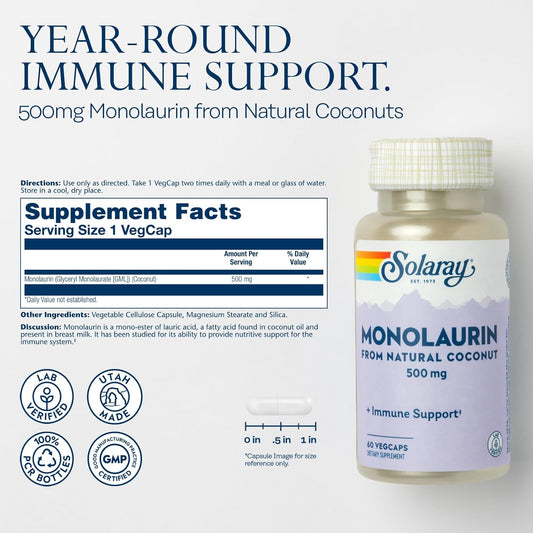 Solaray Monolaurin 500Mg Immune Support Supplement, From Natural Coconut, Helps Maintain Immune & Gut Health & A Balanced Gut Flora, 60-Day Money Back Guarantee, 60 Servings, 60 Vegcaps