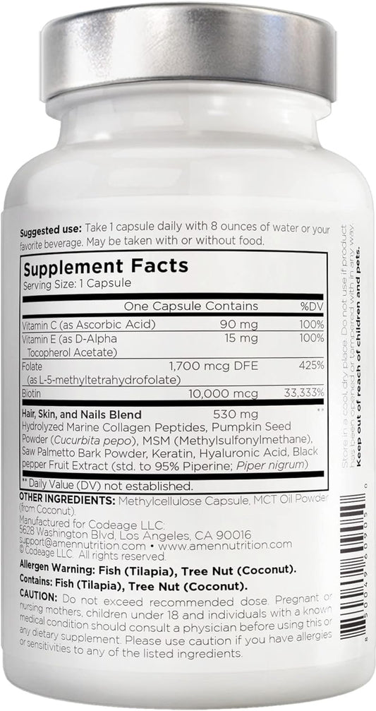 Biotin Collagen Vitamins+ Advanced Hair, Skin, Nail & Immunity Support - 10,000mcg Biotin, Collagen, Keratin, Vitamins C & E, Folate, Hyaluronic Acid, MSM - 3-Month Supply, Non-GMO - 90 Capsules
