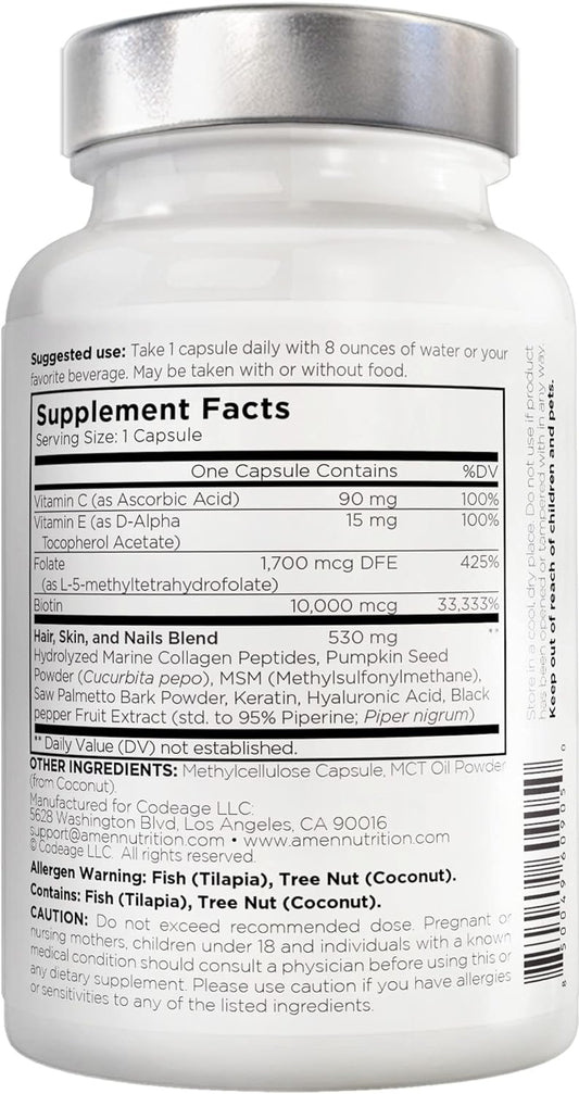 Amen Biotin Collagen Vitamins+ Advanced Hair, Skin, Nail & Immunity Support - 10,000mcg Biotin, Collagen, Keratin, Vitamins C & E, Folate, Hyaluronic Acid, MSM - 3-Month Supply, Non-GMO - 90 Capsules