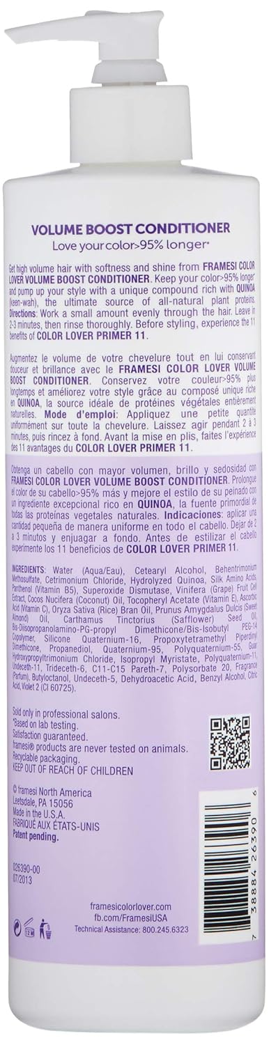 Framesi Color Lover Volume Boost Conditioner, Sulfate Free Volumizing Conditioner With Quinoa And Coconut Oil, Color Treated Hair