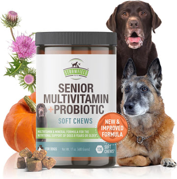 Strawfield Pets' Senior Multivitamin + Probiotics for Dogs with Milk Thistle Joint Support Supplement for Dogs Peanut Butter Flavor 120 Crunchy Soft Chews