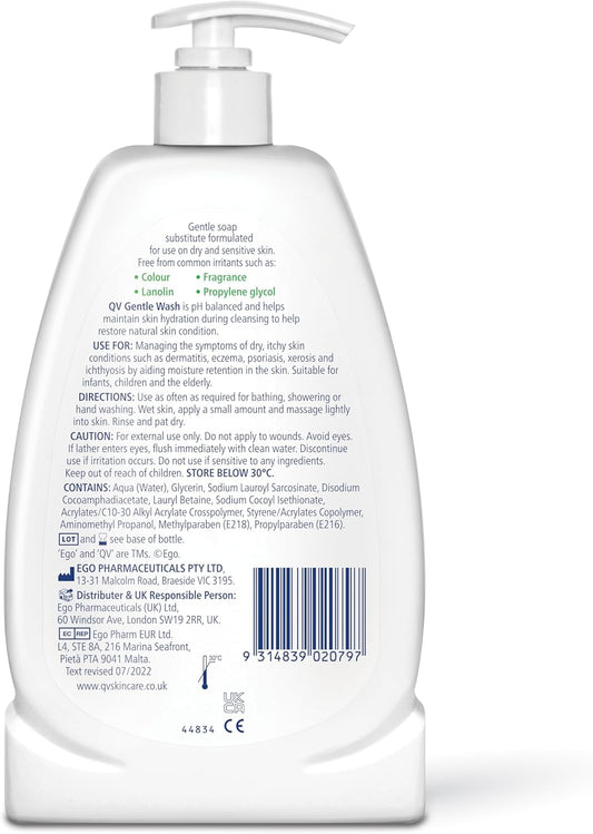 Qv Gentle Wash (500G) Body Wash For Dry, Sensitive Skin, Ph Balanced, Unscented, Soap Free Body Wash, Moisturising Soap Alternative That Lathers For Dry Skin Eczema, Psoriasis, Dermatitis