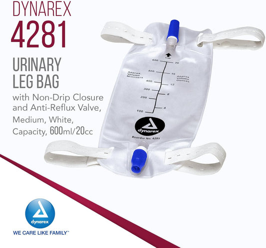 Dynarex Urinary Leg Bag, For Use With Catheter, Has A Non-Drip Closure & Anti-Reflux Valve, 600 Ml/20 Oz Capacity, Medium, White, 1 Box Of 12 Leg Bags