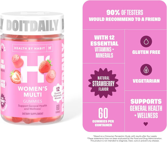 Health By Habit Womens Multivitamin Gummies (60 Gummies) - Non-GMO, Gluten Free, Allergen Free Vitamins A-E Plus Essential Biotin, Folate and Zinc, and More