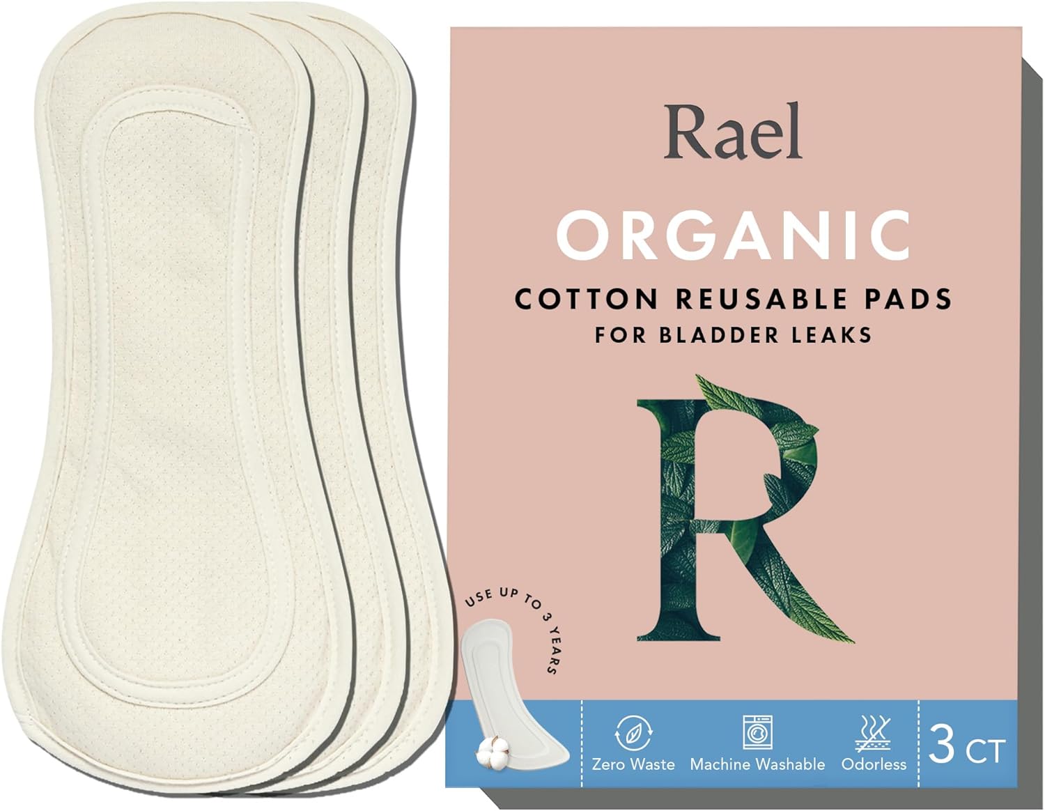 Rael Reusable Pads, Organic Cotton Cover - Postpartum Essential, Incontinence Pads For Women, Bladder Leakage Pads For Women, Thin Cloth Pads, Leak Free, Washable, Neutral Color, 3 Count (Regular)