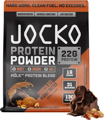 Jocko Mölk Whey Protein Powder 22G Sugar Free Monk Fruit Blend - Muscle Recovery & Growth, Packaging May Vary (31 Servings, Chocolate Peanut Butter)