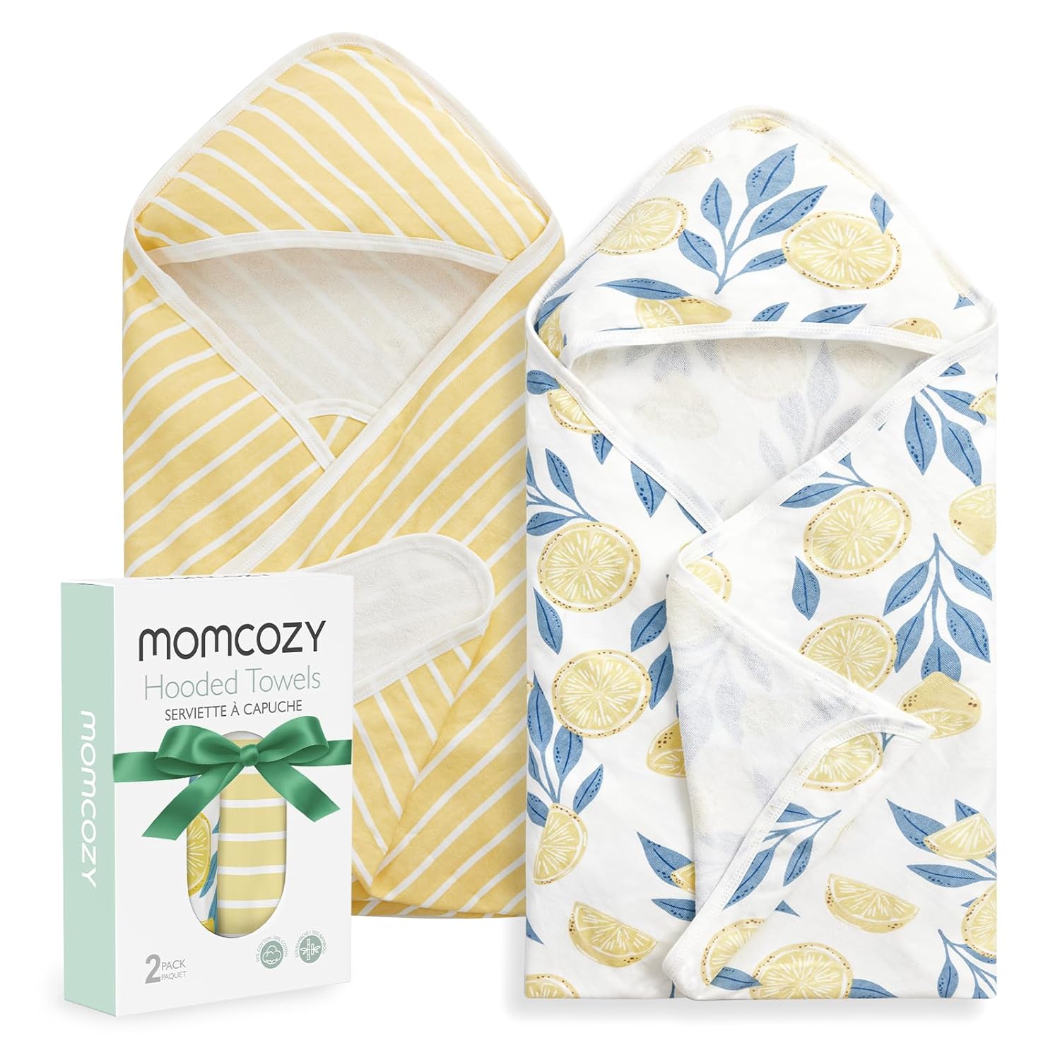 Momcozy Baby Hooded Towel, 2 Pack Baby Towel Set, Super Soft Bath Towel With Original Design, Shower Gifts For Infant, Toddler (28 X 28 Inch, Lemon Leaves)