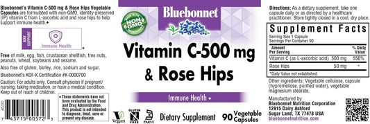 Bluebonnet Nutrition Vitamin C-500 Mg Plus Rose Hips Vegetable Capules, For Immune Health, For Antioxidant Protection, Soy Free, Gluten Free, Non-Gmo, Kosher, Dairy Free, Vegan, 90 Count