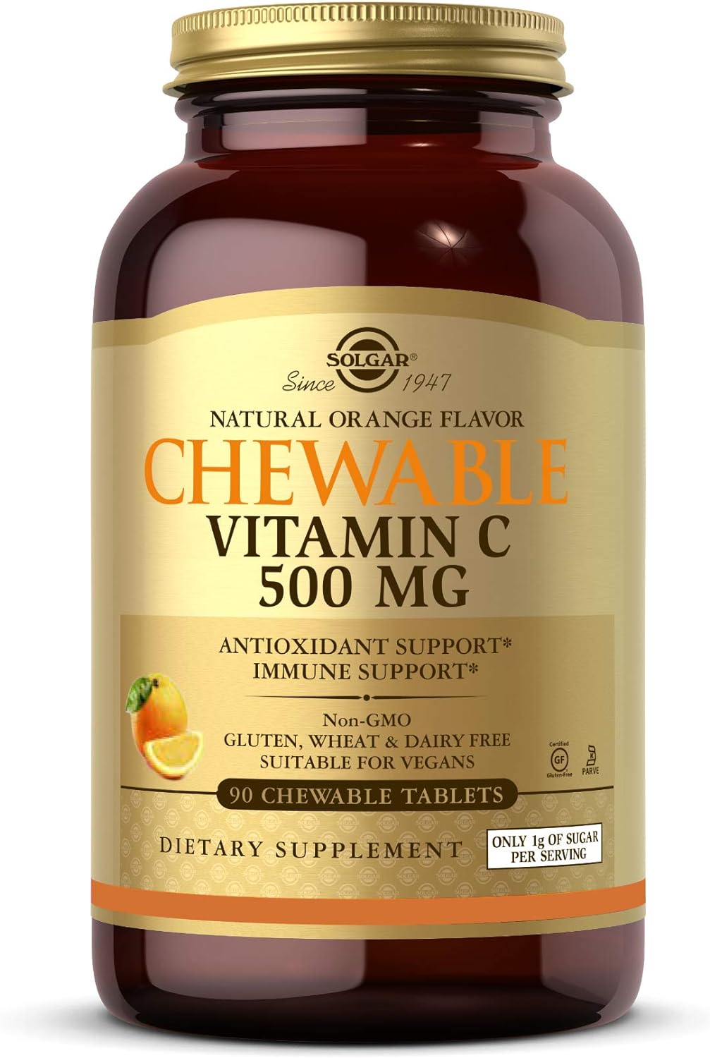 Solgar Vitamin C 500 mg Chewable Tablets, Orange Flavor - 90 Count - Antioxidant & Immune Support - Supports Healthy Skin & Joints - Non GMO, Vegan, Gluten Free, Kosher - 90 Servings