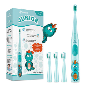 Vekkia Sonic Rechargeable Kids Electric Toothbrush, 3 Modes with Memory, Fun & Easy Cleaning, 24000 Strokes, IPX7 Waterproof, 2-Min Timer for Age 3+, 4 Soft Bristles(Blue)