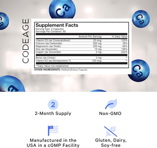 Codeage Calcium 500Mg Supplement + Magnesium Zinc Copper Boron - Elemental Calcium Vitamin D3 Vitamin K2 - Bones Teeth Immune System Support Pills - 2-Month Supply- Non-Gmo - 120 Capsules