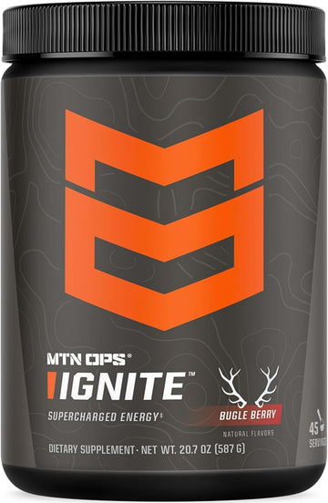 Mtn Ops Ignite Energy Drink Powder, Gluten Free Nootropic Supplement Drink Mix, L Arginine, L Citrulline, Caffeine & Nootropic Sugar Free Drink Mix, 45 Servings, Bugle Berry