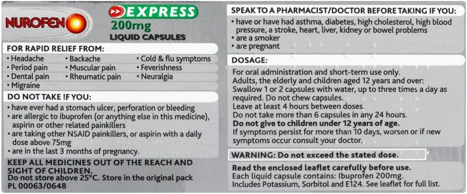 Nurofen Express Ibuprofen Liquid Capsules 200Mg, 16 Count - Fast-Acting Relief For Period Pain, Headaches, Migraines, Cold & Flu Symptoms