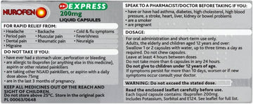 Nurofen Express Ibuprofen Liquid Capsules 200Mg, 16 Count - Fast-Acting Relief For Period Pain, Headaches, Migraines, Cold & Flu Symptoms