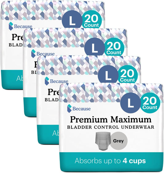 Because Premium Maximum Incontinence Underwear For Men - Heavy Bladder Leak Protection, Ideal For Overnight Leakage, Sleek, Invisible Fit, Grey, Large - Absorbs 4 Cups - 80 Count (4 Packs Of 20)