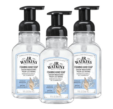 J.R. Watkins Foaming Hand Soap With Pump Dispenser, Moisturizing Foam Hand Wash, All Natural, Alcohol-Free, Cruelty-Free, Usa Made, Ocean Breeze, 9 Fl Oz, 3 Pack