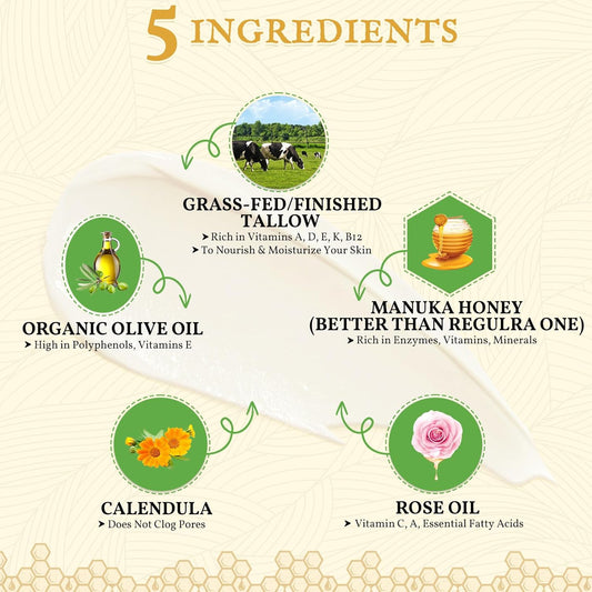 Beef Tallow For Skin 2Oz, Tallow And Honey Balm, Unscented Tallow Face Moisturizer, Beef Tallow For Face, Organic Grass Fed Beef Tallow Balm, Whipped Beef Tallow Lotion Face Cream