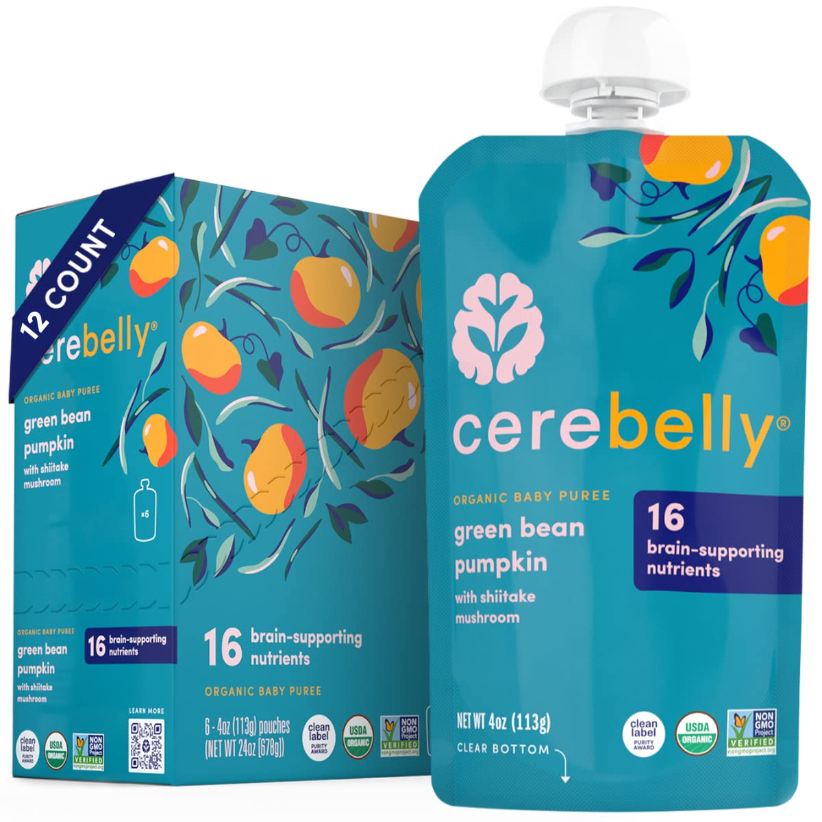Cerebelly Baby Food Pouches – Organic Green Bean Pumpkin (4 oz, Pack of 12) - Toddler Snacks, 16 Brain-supporting Nutrients, Healthy Snacks, Made with Gluten-Free Ingredients, BPA-Free, No Added Sugar