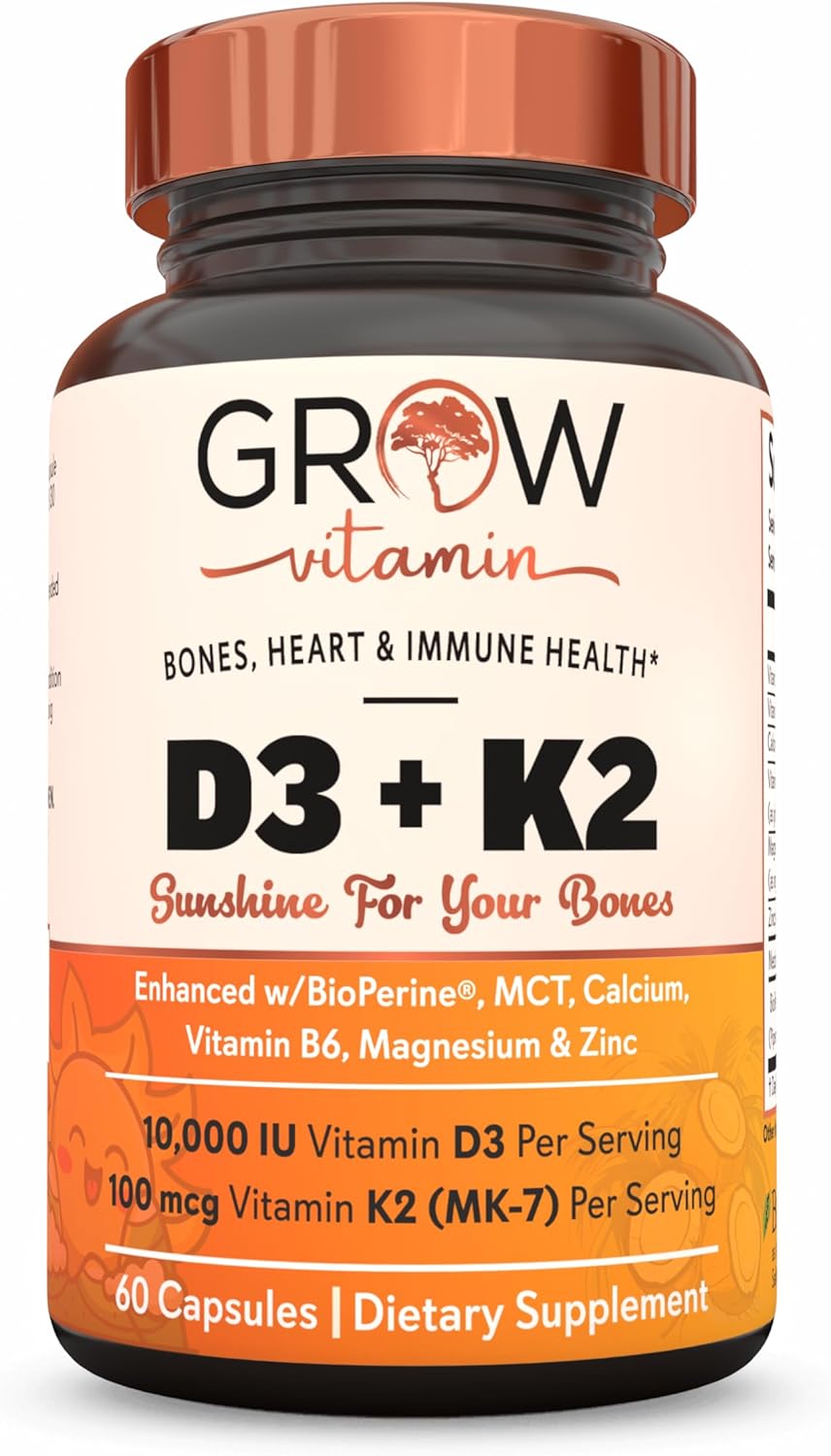 Grow Vitamin D3 K2 W/Mct Oil - 10,000 Iu D3, 100 Mcg K2 Mk7, Calcium, Zinc, Bioperine, Magnesium For Superior Absorption - 60 Capsules
