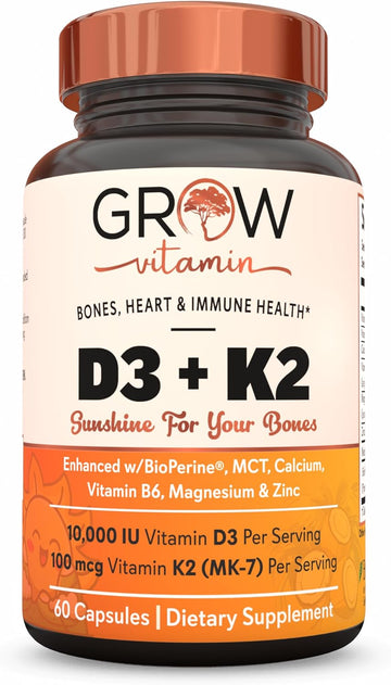 Grow Vitamin D3 K2 W/Mct Oil - 10,000 Iu D3, 100 Mcg K2 Mk7, Calcium, Zinc, Bioperine, Magnesium For Superior Absorption - 60 Capsules
