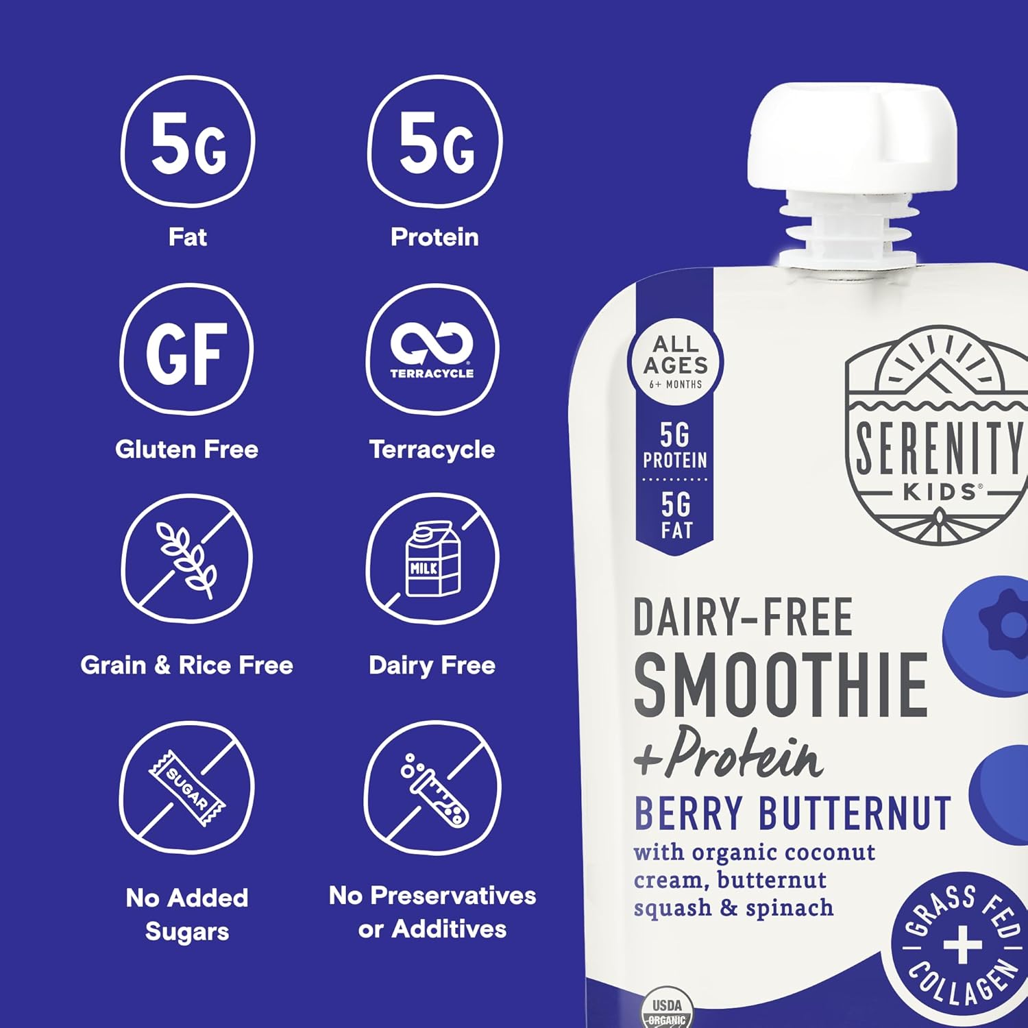Serenity Kids 6+ Months Dairy-Free Smoothie Baby Food | Usda Organic | Grass Fed Collagen Protein | 3.5 Ounce Bpa-Free Pouch | Berry Butternut | 1 Count