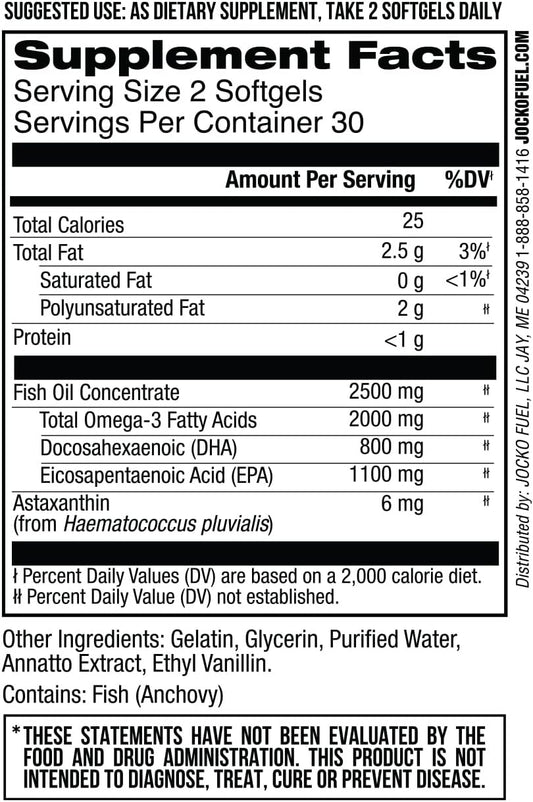 Jocko Fuel Omega 3 Fish Oil Supplement - Burpless Fish Oil 2000Mg Omega 3 Fatty Acid Supplement Powerful Antioxidant With Astaxanthin - Supports Brain, Heart, & Mood (60 Capsules) (30 Day Supply)