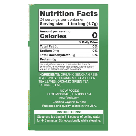 Now Foods, Certified Organic Green Kick Tea, With Polyphenols, Premium Unbleached Tea Bags With No-Staples Design, No Added Colors, Preservatives, Flavors, Or Sugars, 24-Count (Pack Of 2)