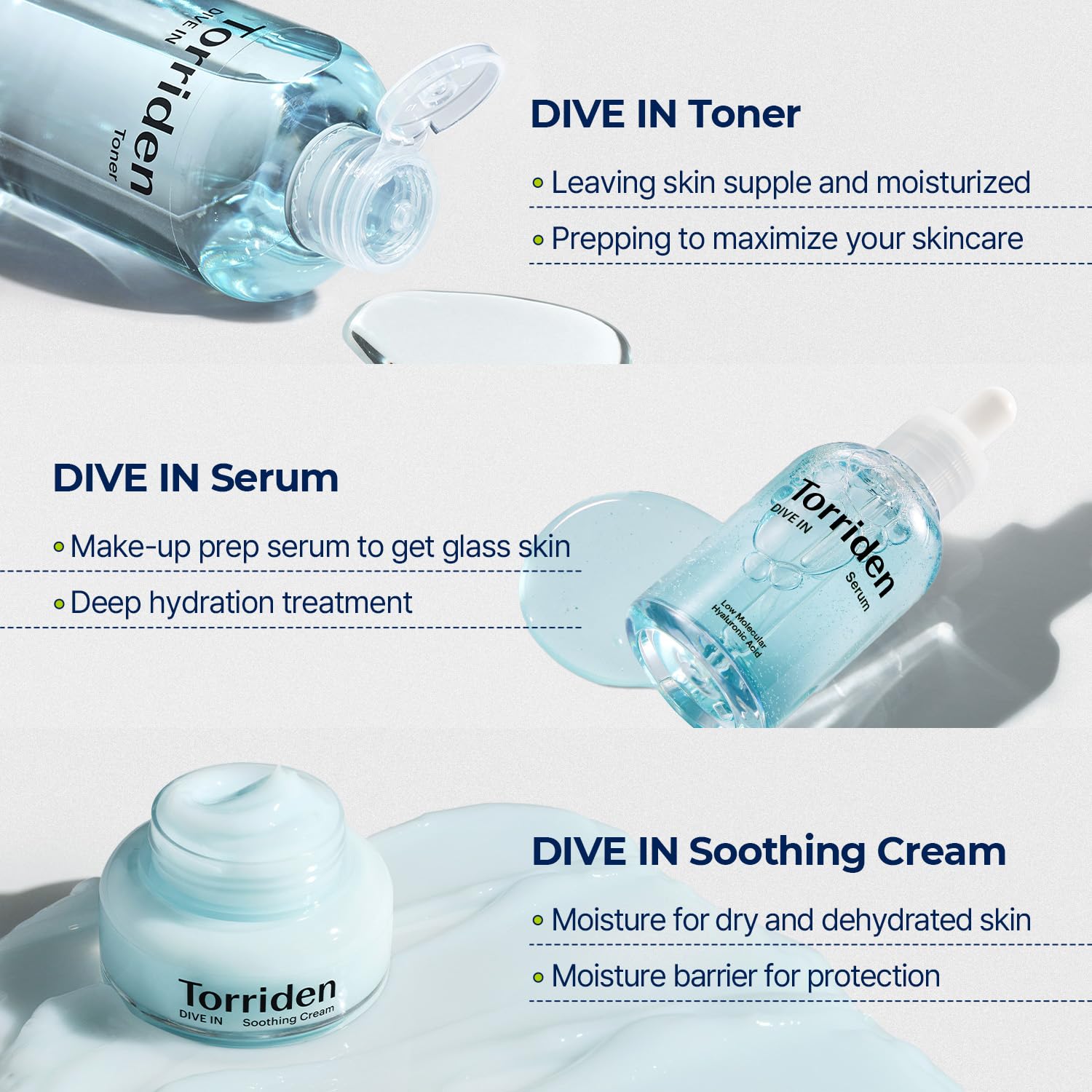 Torriden DIVE-IN Low-Molecular Hyaluronic Acid Serum, 1.69 fl oz + Toner 10.14 fl oz + Soothing Cream 3.38 fl oz | Vegan Clean Cruelty Free Facial Ampoule Moisturizer Alcohol-free Fragrance-free : Beauty & Personal Care