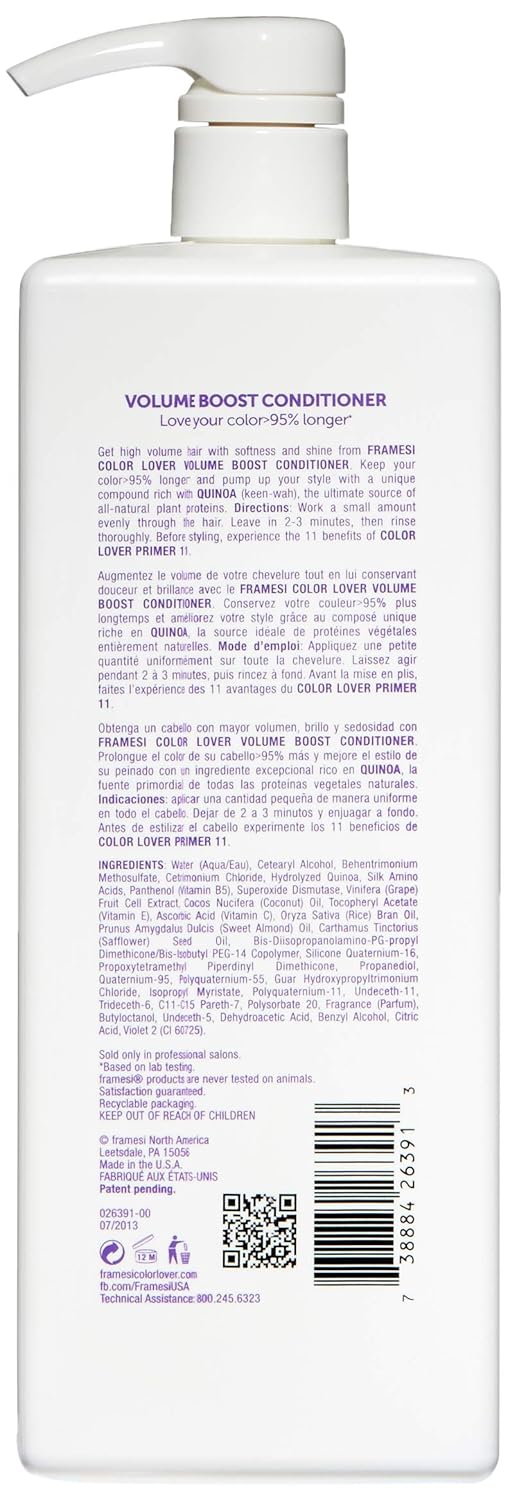 Framesi Color Lover Volume Boost Conditioner, 33.8 Fl Oz, Sulfate Free Volumizing Conditioner With Quinoa And Coconut Oil, Color Treated Hair