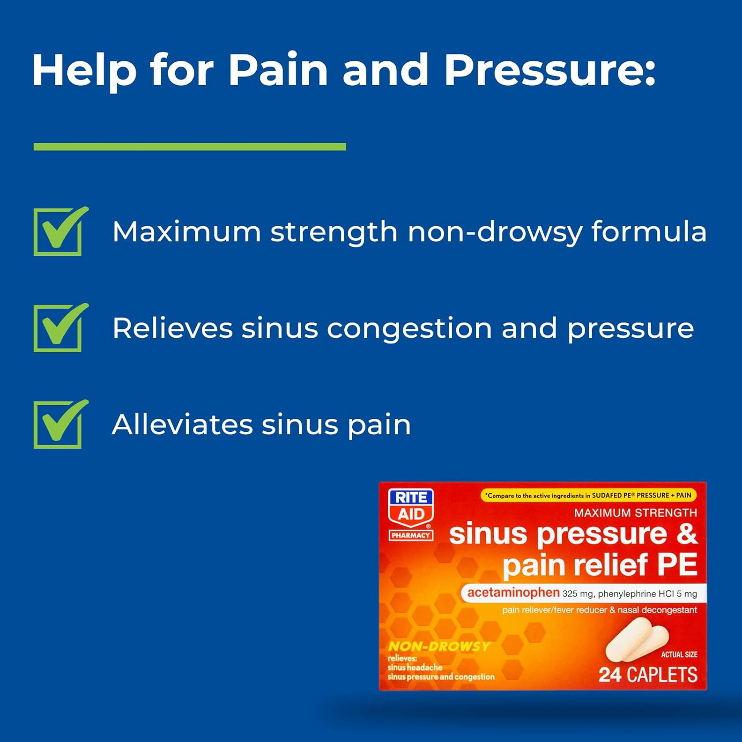 Rite Aid Sinus Pressure and Pain Reliever PE, Non-Drowsy - 24 Tablets | Sinus Relief | Pain Relief | Nasal Decongestant | Cold Medicine for Adults | Allergy Medication | Allergy Relief | Mucus Relief : Health & Household