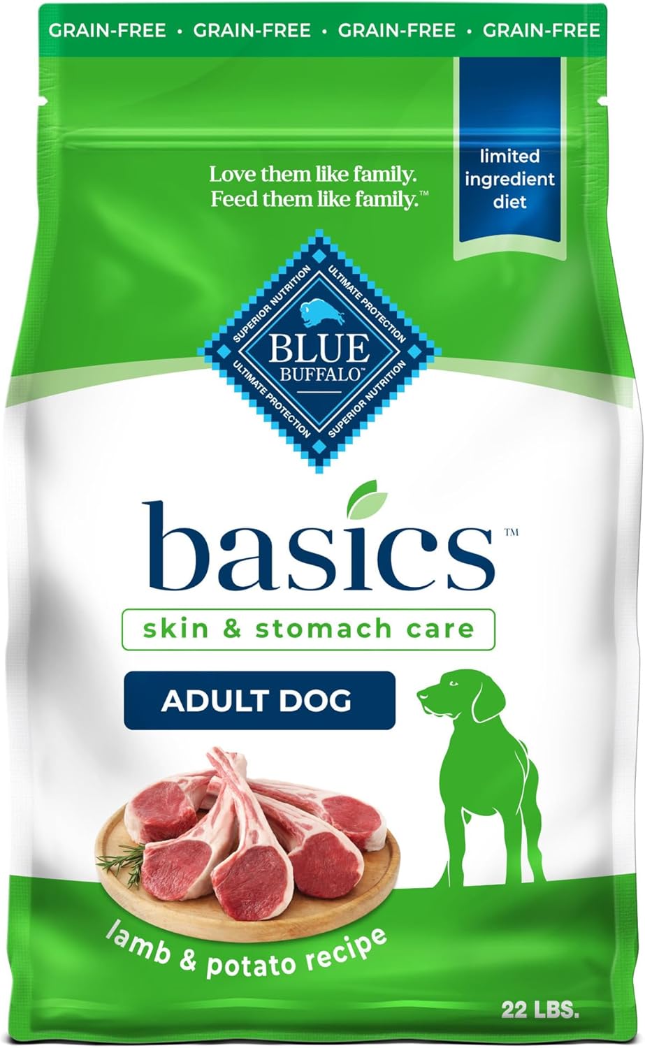 Blue Buffalo Basics Grain-Free Dry Dog Food For Adult Dogs, Limited Ingredient Diet, Lamb Recipe, 22-Lb. Bag