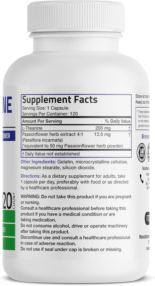 Bronson L-Theanine 200Mg (Double-Strength) With Passion Flower Herb, Non-Gmo Gluten-Free Soy-Free Stress Management Supplement, 120 Capsules