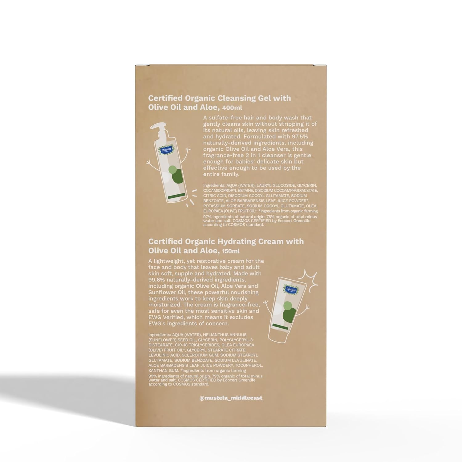 Mustela Certified Organic Bath & Body Gift Set - Fragrance-Free Skin Care Essentials With Olive Oil & Aloe Vera - Contains Cleansing Gel & Hydrating Cream For Baby, Kid & Adult - 2 Items Set : Beauty & Personal Care