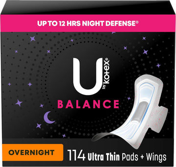 U By Kotex Balance Ultra Thin Overnight Pads With Wings, 114 Count (3 Packs Of 38) (Packaging May Vary)