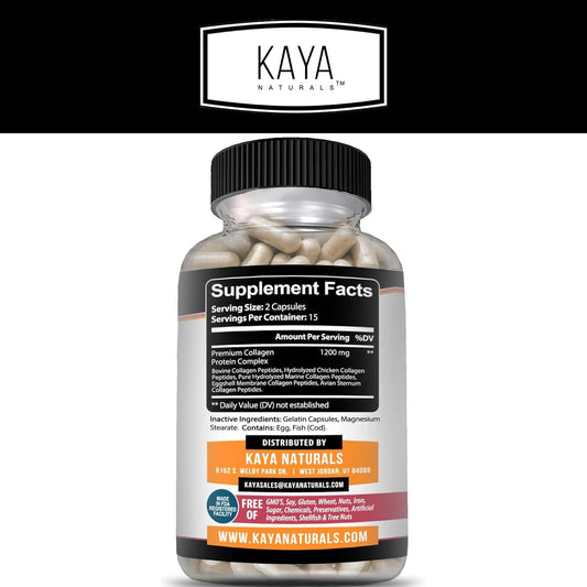 Kaya Naturals Multi Collagen Peptides Complex Powder For Women And Men, Types I, Ii, Iii, V & X | 60 Count Capsules
