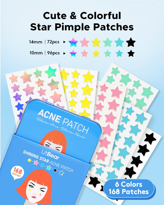 Litbear Acne Pimple Patch, 6 Colors 168 Dots Star Pimple Patches With Tea Tree Oil & Centella Oil, Hydrocolloid Acne Patches For Face Cute Zit Patches Pimple Stickers Acne Dots