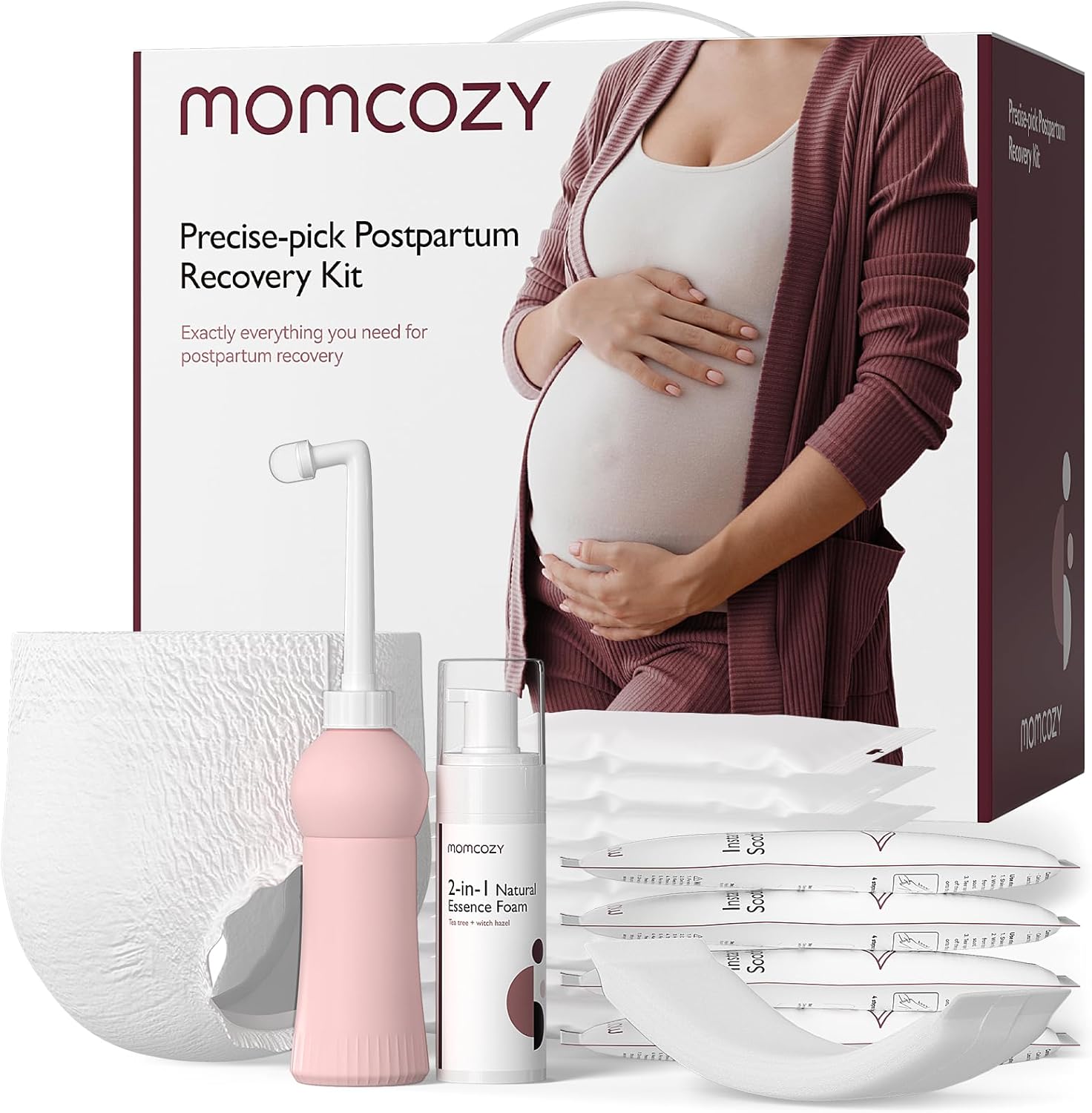 Momcozy Postpartum Recovery Essentials Kit, 19 Pcs Labor Delivery Mom Care Set, Self-Absorbent Disposable Underwear Upside Down Peri Bottle Instant Ice Pads Cooling Foam Canvas Bag Kit