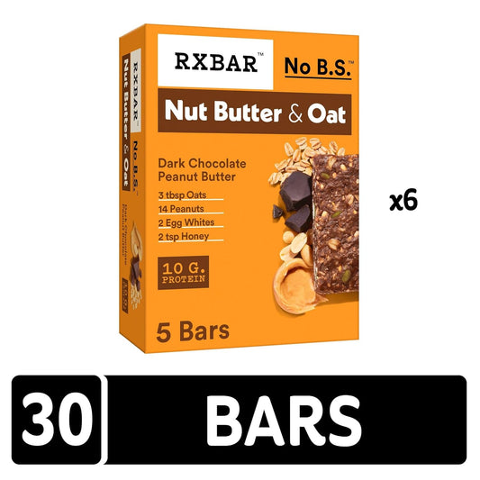 Rxbar Nut Butter And Oat Protein Bars, Protein Snacks, Snack Bars, Dark Chocolate Peanut Butter (6 Boxes, 30 Bars)