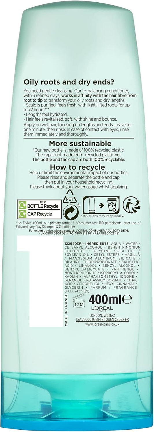 Elvive Haircare L'Oréal Extraordinary Clay Re-Balancing Conditioner, 400Ml, (Pack Of 1)