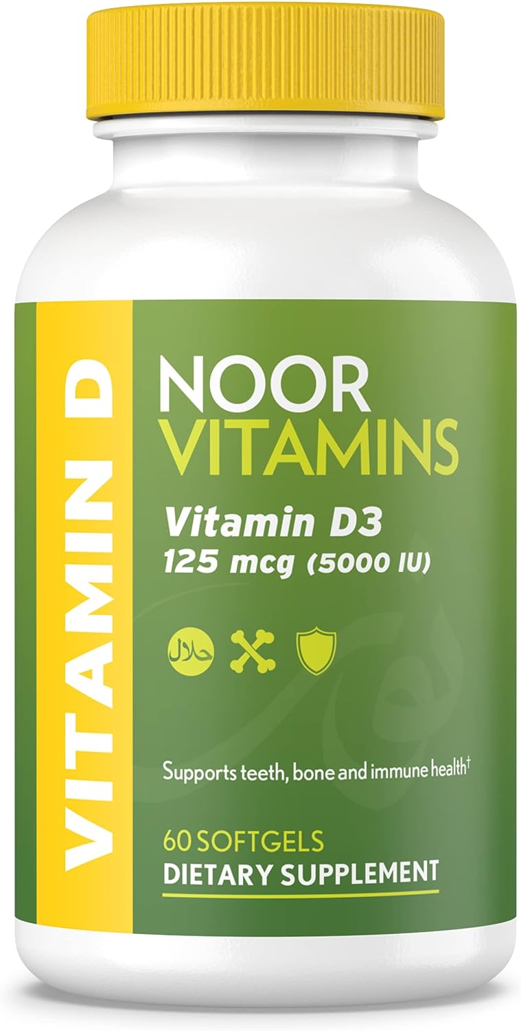 Noor Vitamins Halal Vitamin D, Halal Vitamin D3, 5000 IU Softgels, Supports Bone, Immune & Heart Health, from Safflower Oil to Maximize Absorption, Non-GMO, Gluten Free & Halal (60 Count)?