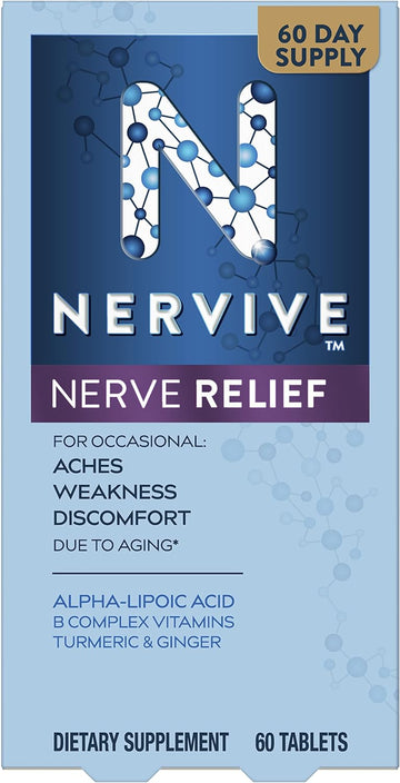 Nervive Nerve Relief, with Alpha Lipoic Acid, to help Reduce Nerve Aches, Weakness, & Discomfort in Fingers, Hands, Toes, & Feet*?, ALA, Vitamins B12, B6, & B1, Turmeric, Ginger, 60 Daily Tablets
