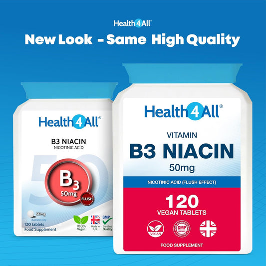 Health4All Vitamin B3 Niacin As Nicotinic Acid (Flush Effect) 50Mg 120 Tablets 4 Months Supply, Vegan Niacin Flush Supplement, Cholesterol Support Supplement, Reduce Tiredness And Fatigue | Made In Uk